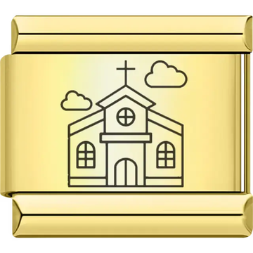 Gold church with cross and clouds Italian charm bracelet link