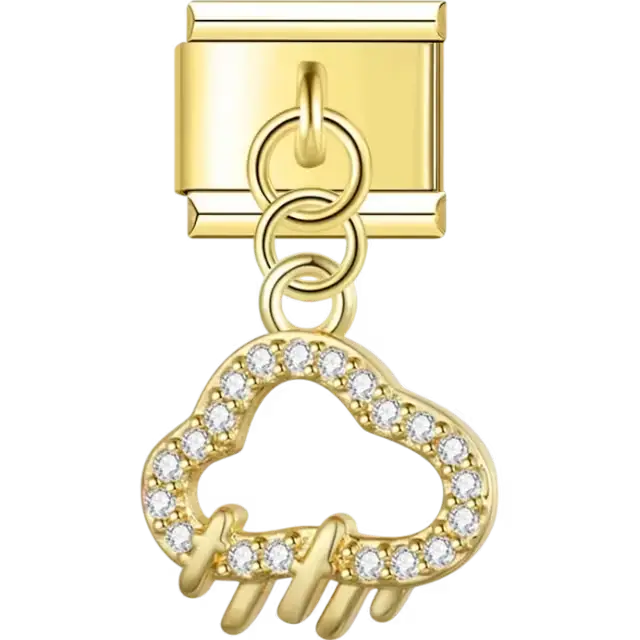 Gold cloud outlined with crystals and lightning bolt design Italian charm bracelet link