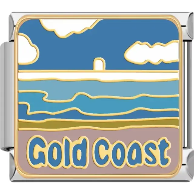 Blue and gold ocean waves with white clouds and "Gold Coast" text Italian charm bracelet link
