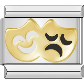 Gold comedy and tragedy theater masks with black details Italian charm bracelet link