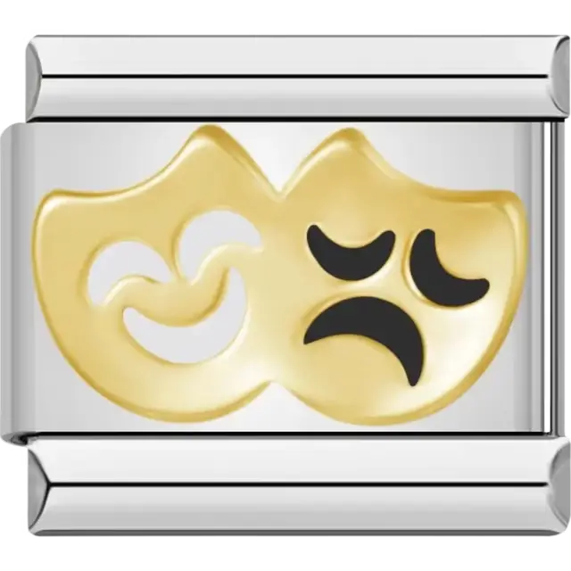 Gold comedy and tragedy theater masks with black details Italian charm bracelet link