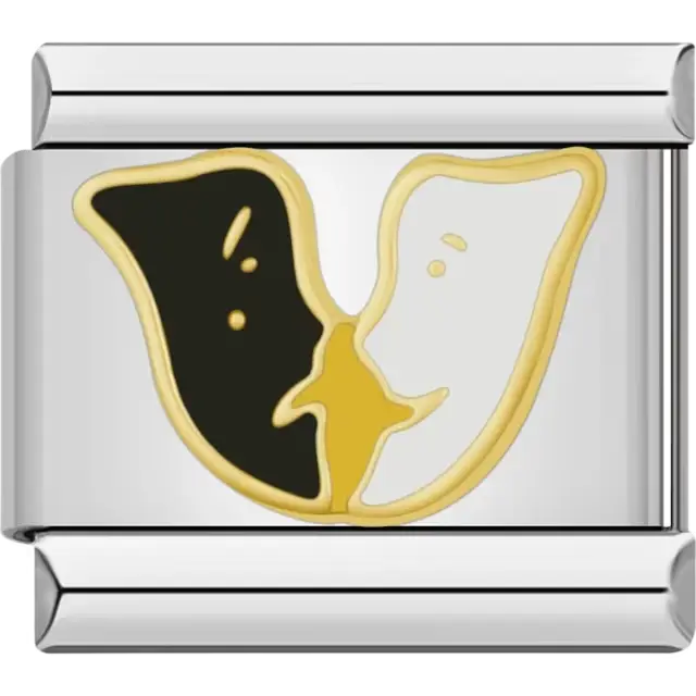 Gold and black comedy and tragedy mask design Italian charm bracelet link