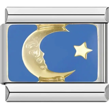 Gold crescent moon with detailed facial design and a star on a blue background Italian charm bracelet link