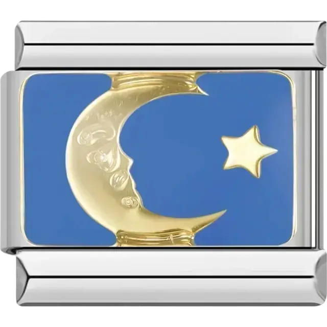 Gold crescent moon with detailed facial design and a star on a blue background Italian charm bracelet link
