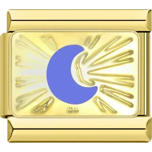 Gold crescent moon design with a blue center on a rectangular Italian charm bracelet link