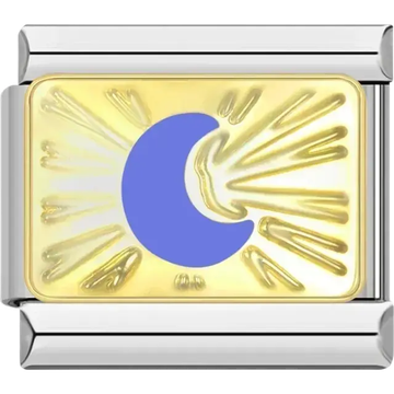 Gold crescent moon design with a blue center on a rectangular Italian charm bracelet link