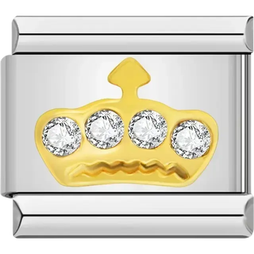 Gold crown adorned with four sparkling crystals Italian charm bracelet link