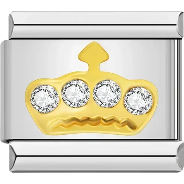 Gold crown adorned with four sparkling crystals Italian charm bracelet link