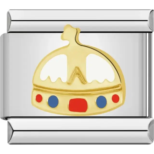 Gold crown with red blue and white accents Italian charm bracelet link