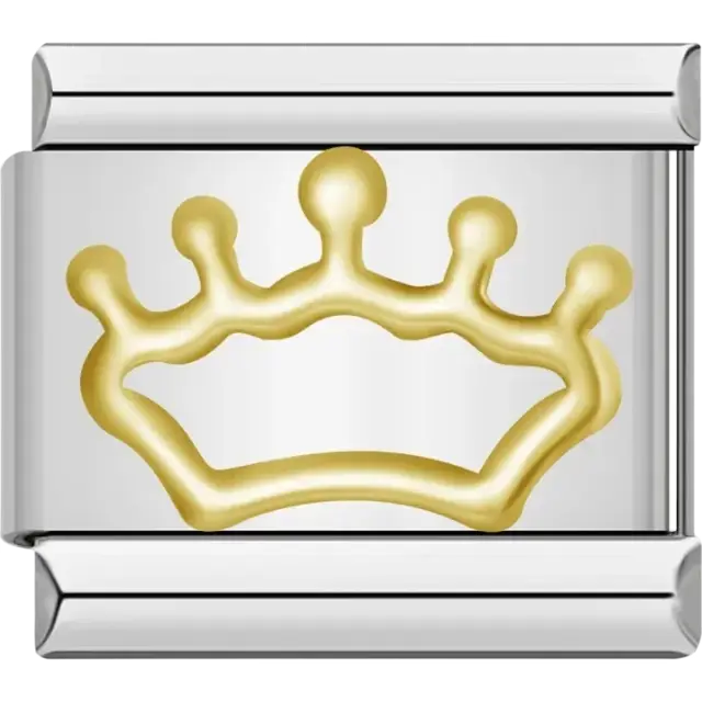 Gold crown design on a shiny silver background Italian charm bracelet link