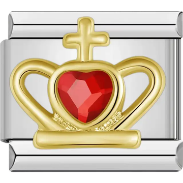 Gold crown with central red heart gemstone and cross accent Italian charm bracelet link