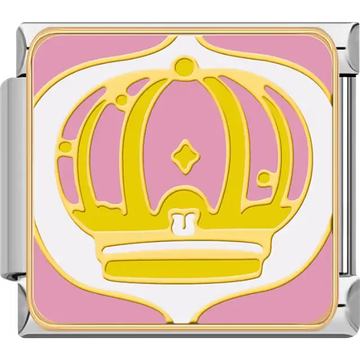Gold crown white outline pink background Italian charm bracelet link
