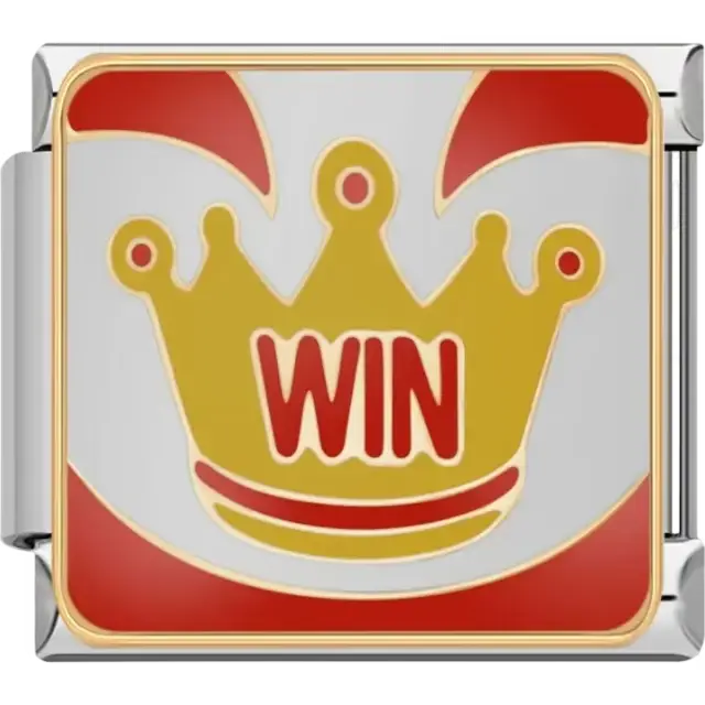 Gold crown with red "WIN" text on a white background featuring red corner accents Italian charm bracelet link