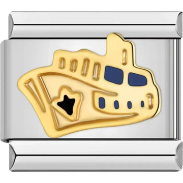 Gold cruise ship design with black star and blue windows Italian charm bracelet link