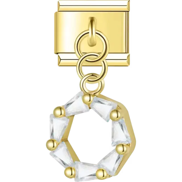 Gold-tone hexagonal dangle charm studded with clear crystal accents Italian charm bracelet link