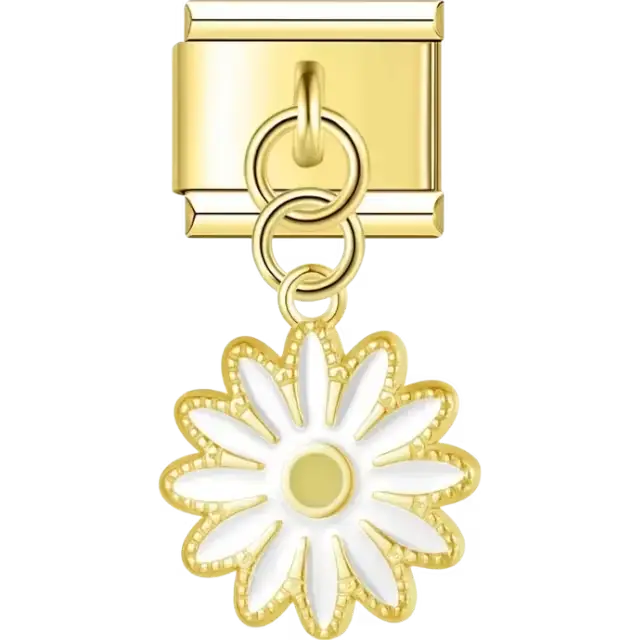 Gold dangling daisy with white petals and a yellow center Italian charm bracelet link