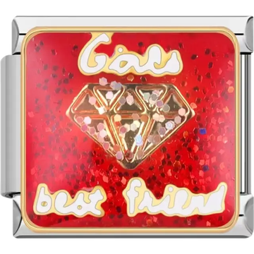 Gold diamond design with glittery red background and "Girls best friend" text Italian charm bracelet link