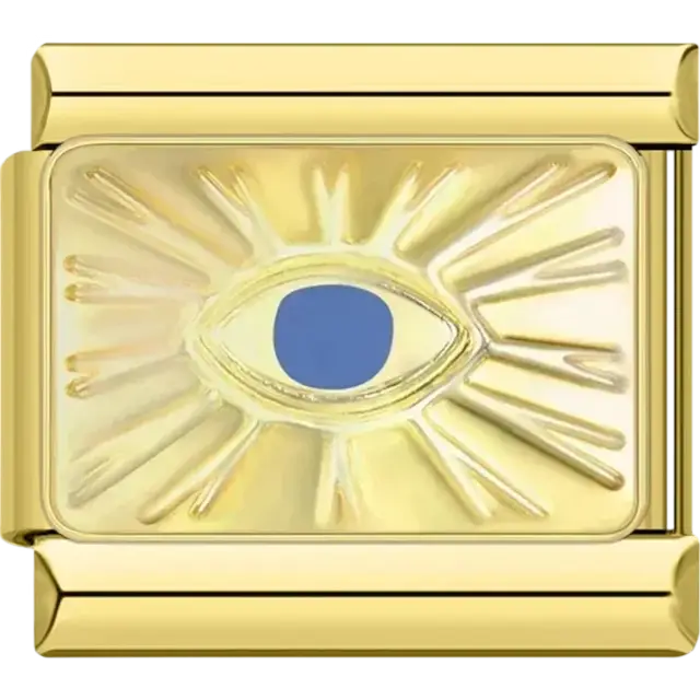Gold embossed evil eye design with a blue center on a rectangular Italian charm bracelet link