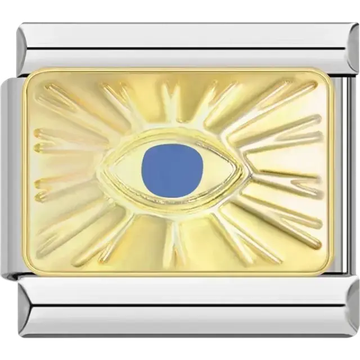 Gold embossed evil eye design with a blue center on a rectangular Italian charm bracelet link
