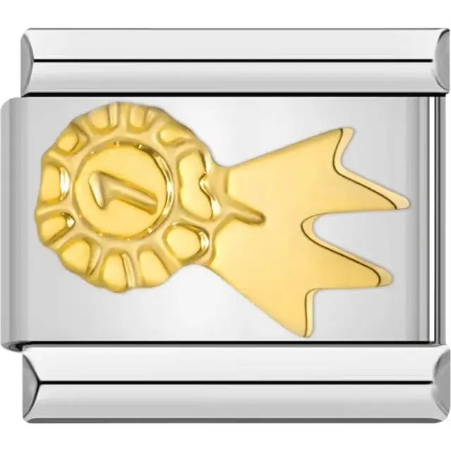 First place ribbon design with gold-tone detailing and a "1" at the center Italian charm bracelet link