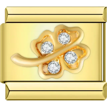 Gold four-leaf clover adorned with three sparkling crystals Italian charm bracelet link