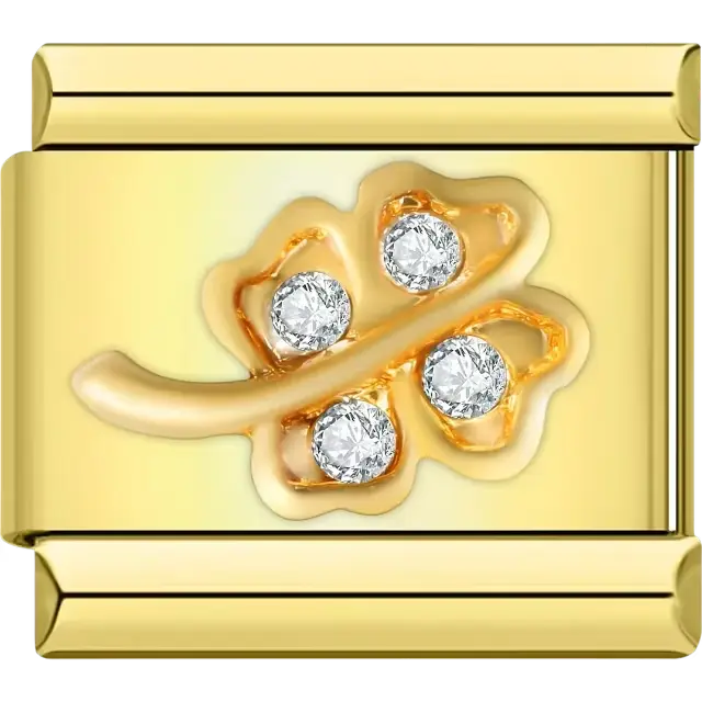 Gold four-leaf clover adorned with three sparkling crystals Italian charm bracelet link