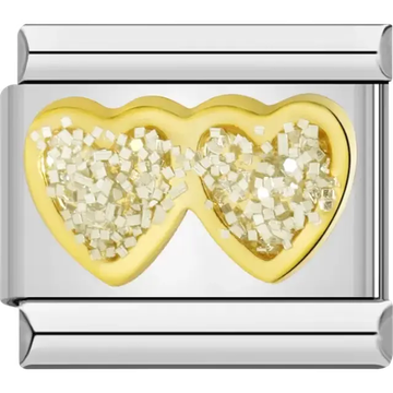 Gold double heart design with glitter Italian charm bracelet link