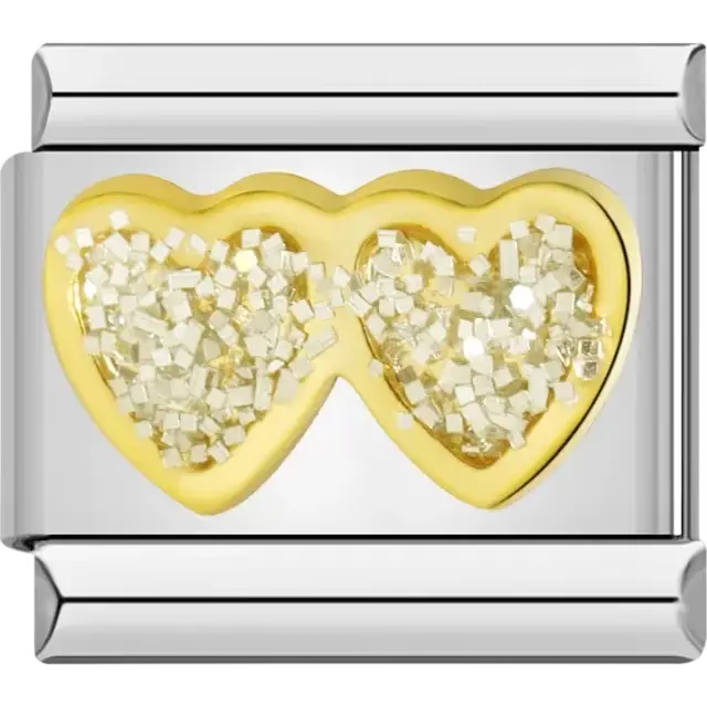 Gold double heart design with glitter Italian charm bracelet link