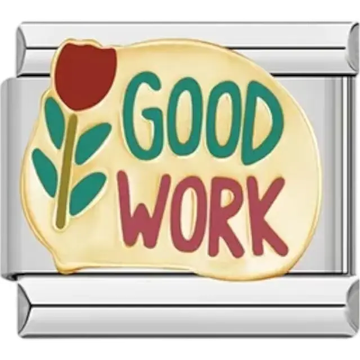 Gold "Good Work" text with a red tulip design Italian charm bracelet link
