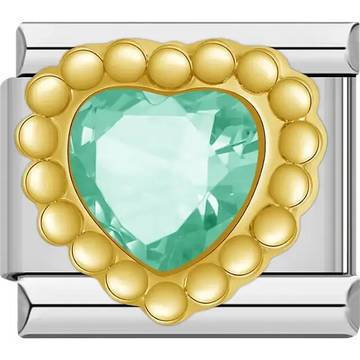 Gold heart with central green gemstone Italian charm bracelet link