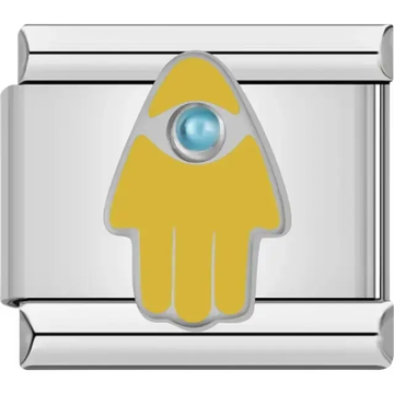 Gold Hamsa hand with a blue crystal center Italian charm bracelet link