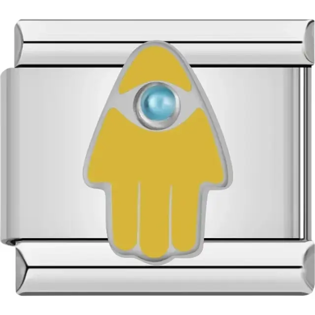 Gold Hamsa hand with a blue crystal center Italian charm bracelet link