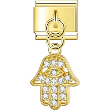 Gold Hamsa hand with crystal embellishments and eye detail Italian charm bracelet link