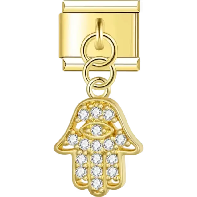 Gold Hamsa hand with crystal embellishments and eye detail Italian charm bracelet link