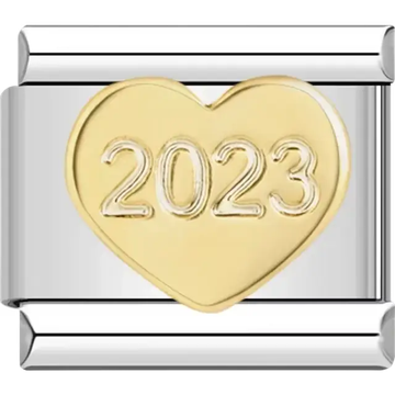 Gold heart design with 2023 engraving Italian charm bracelet link