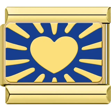 Gold heart with radiant sunburst pattern on a blue background Italian charm bracelet link