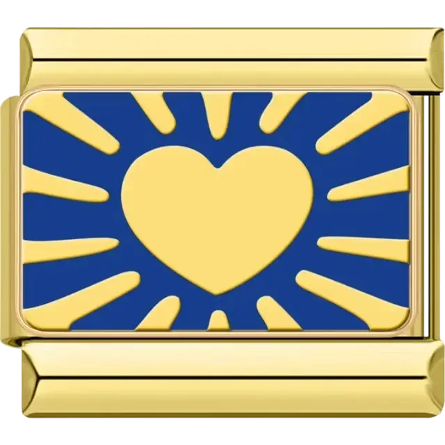Gold heart with radiant sunburst pattern on a blue background Italian charm bracelet link