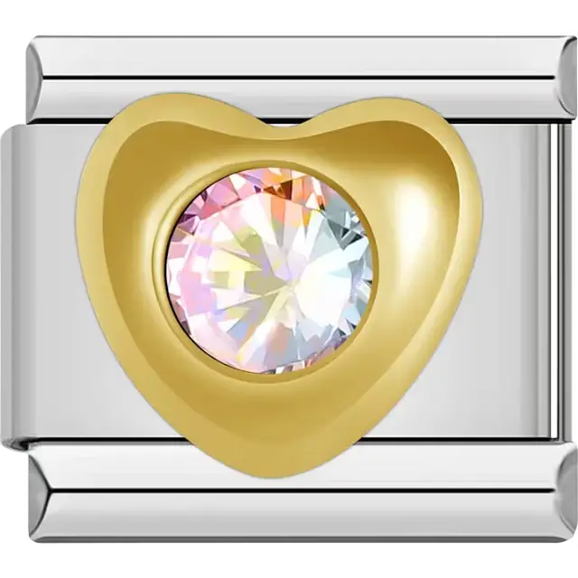 Gold heart with central rainbow gemstone Italian charm bracelet link