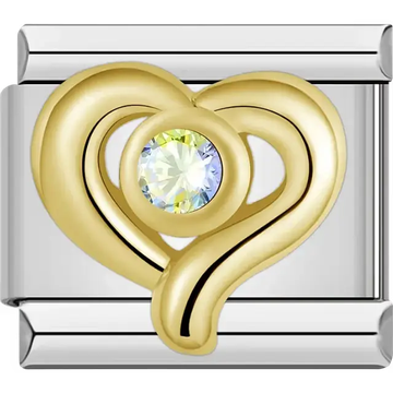 Gold stylized open heart with central clear gemstone Italian charm bracelet link