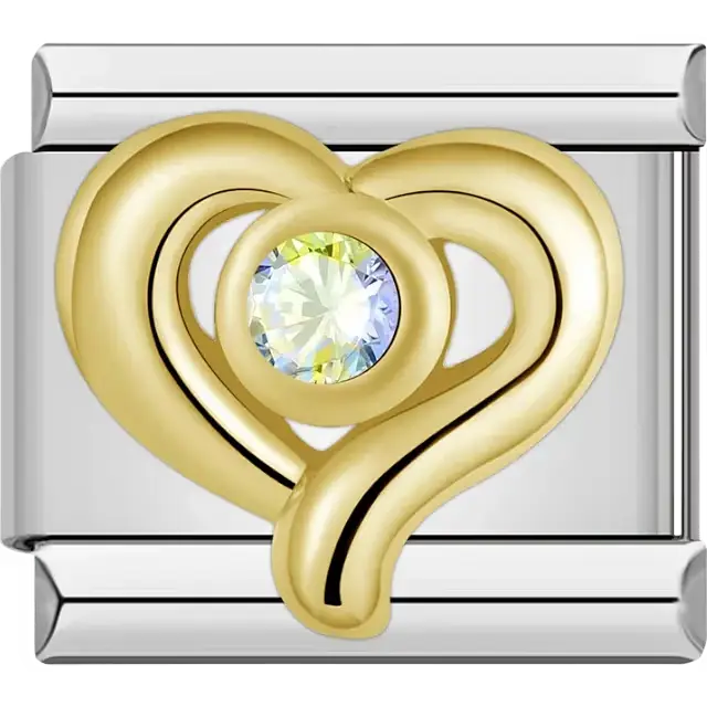 Gold stylized open heart with central clear gemstone Italian charm bracelet link