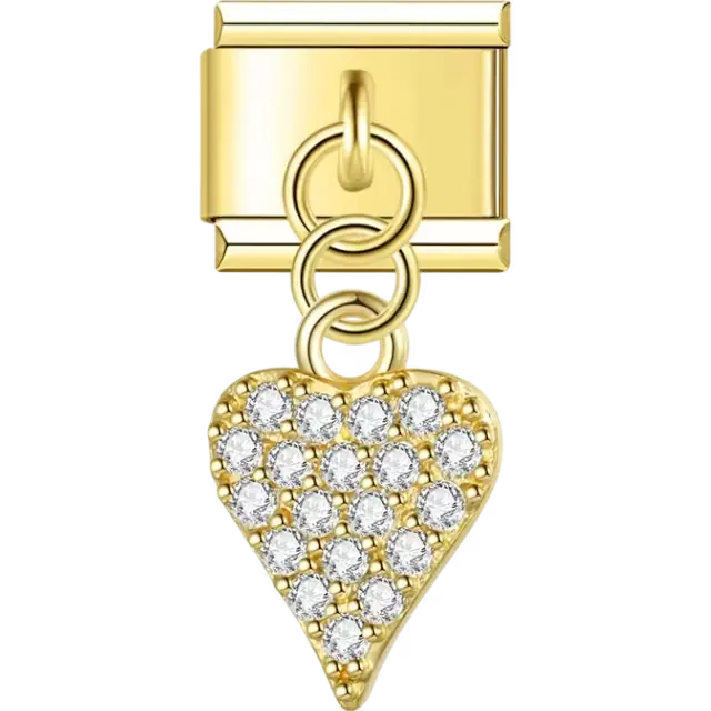 Gold heart with clear gemstone accents and dangle loop detail Italian charm bracelet link