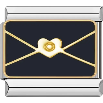 Gold envelope with heart seal on a black background Italian charm bracelet link