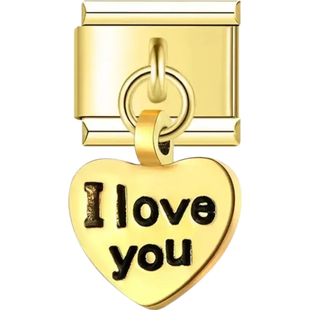Gold heart pendant with “I love you” text Italian charm bracelet link