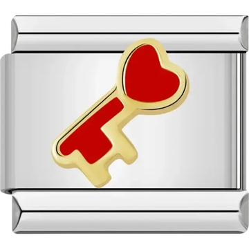 Gold-tone key with a red heart-shaped handle and red accents Italian charm bracelet link