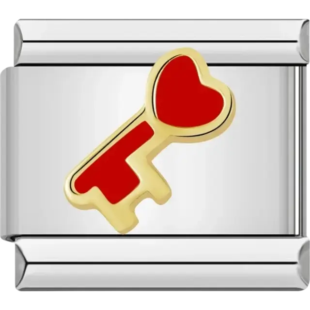 Gold-tone key with a red heart-shaped handle and red accents Italian charm bracelet link