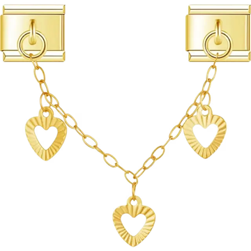 Gold-tone safety chain with three dangling open heart details Italian charm bracelet link