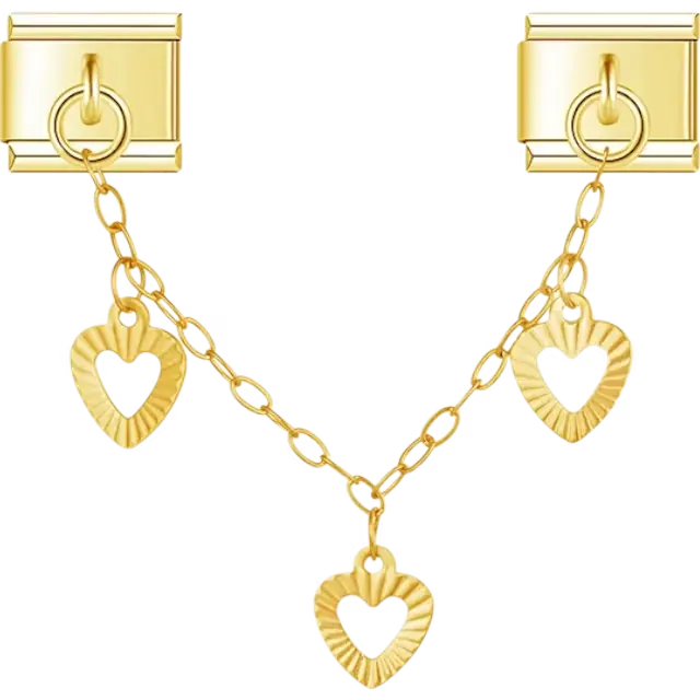 Gold-tone safety chain with three dangling open heart details Italian charm bracelet link
