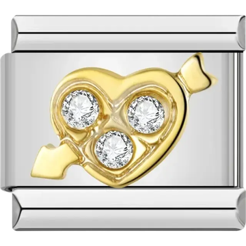 Gold heart with three crystals and arrow Italian charm bracelet link
