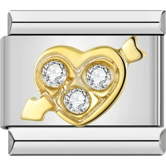 Gold heart with three crystals and arrow Italian charm bracelet link