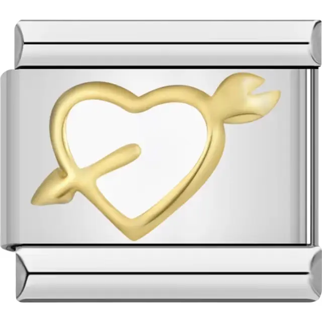 Gold heart outline pierced by an arrow with a white center Italian charm bracelet link
